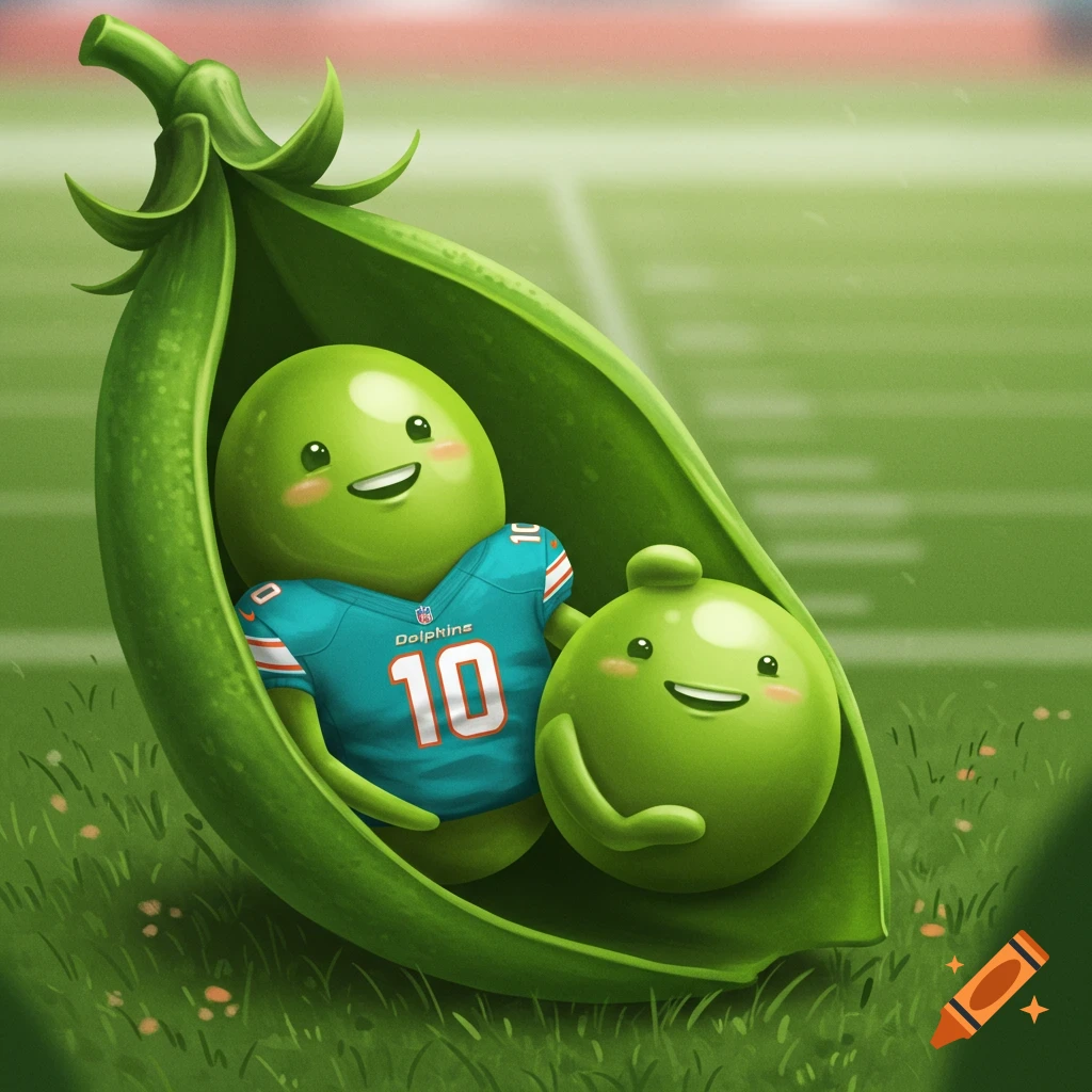 Two cute cartoon peas in an open pod, one wearing a Miami Dolphins football jersey with 'Dolphins' and '10', on a grassy football field.