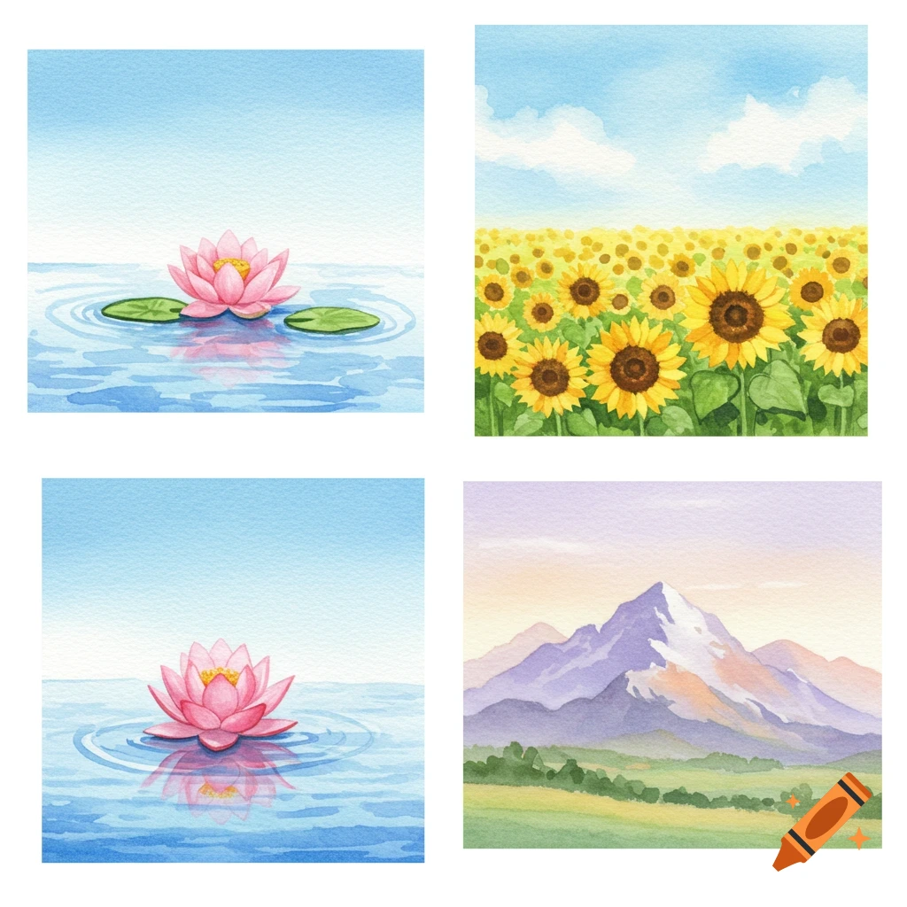 Four watercolor illustrations: a pink water lily on water, a sunflower field, another water lily, and a mountain landscape.