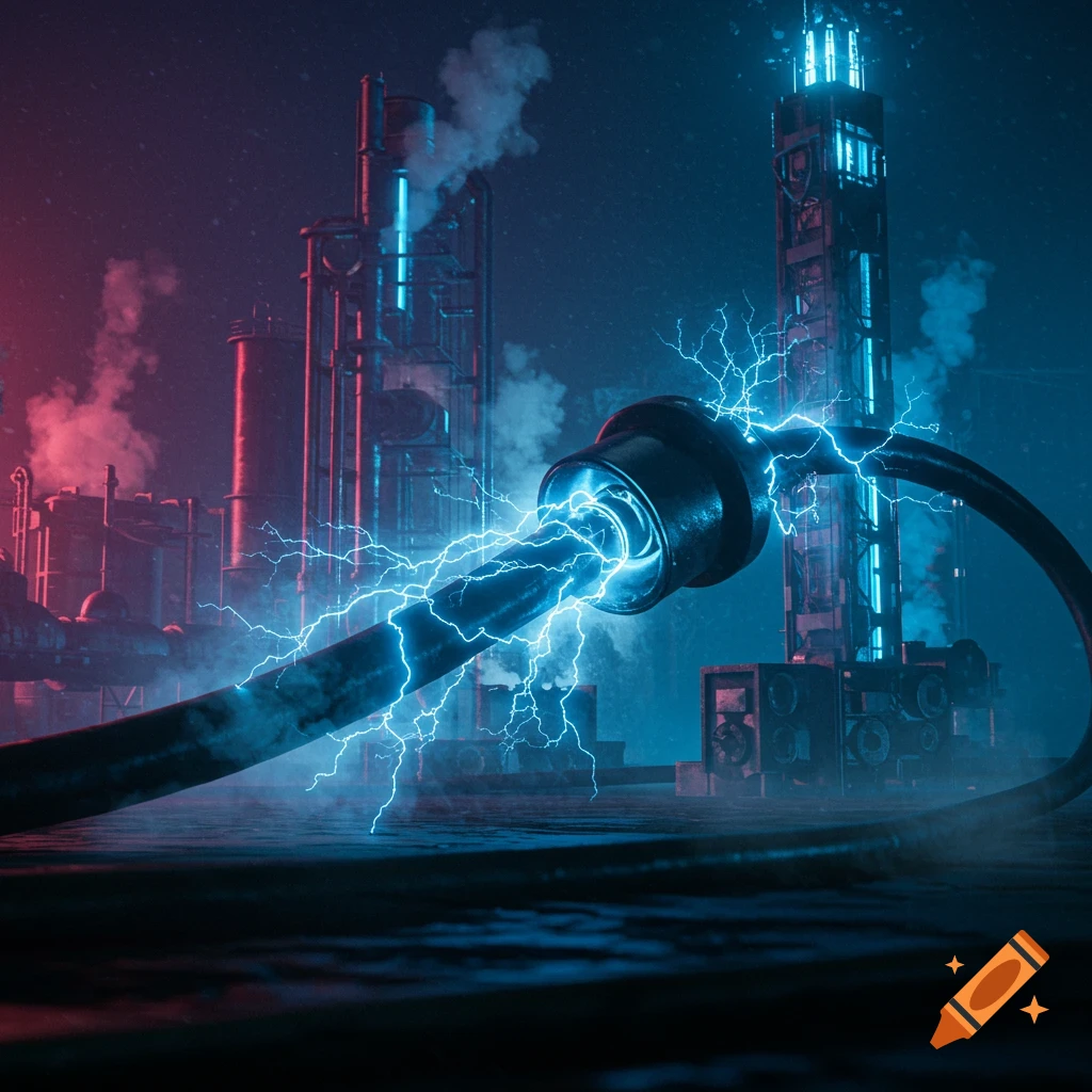 A large power cord with blue electricity sparks in a dystopian industrial city with red and blue neon lighting.