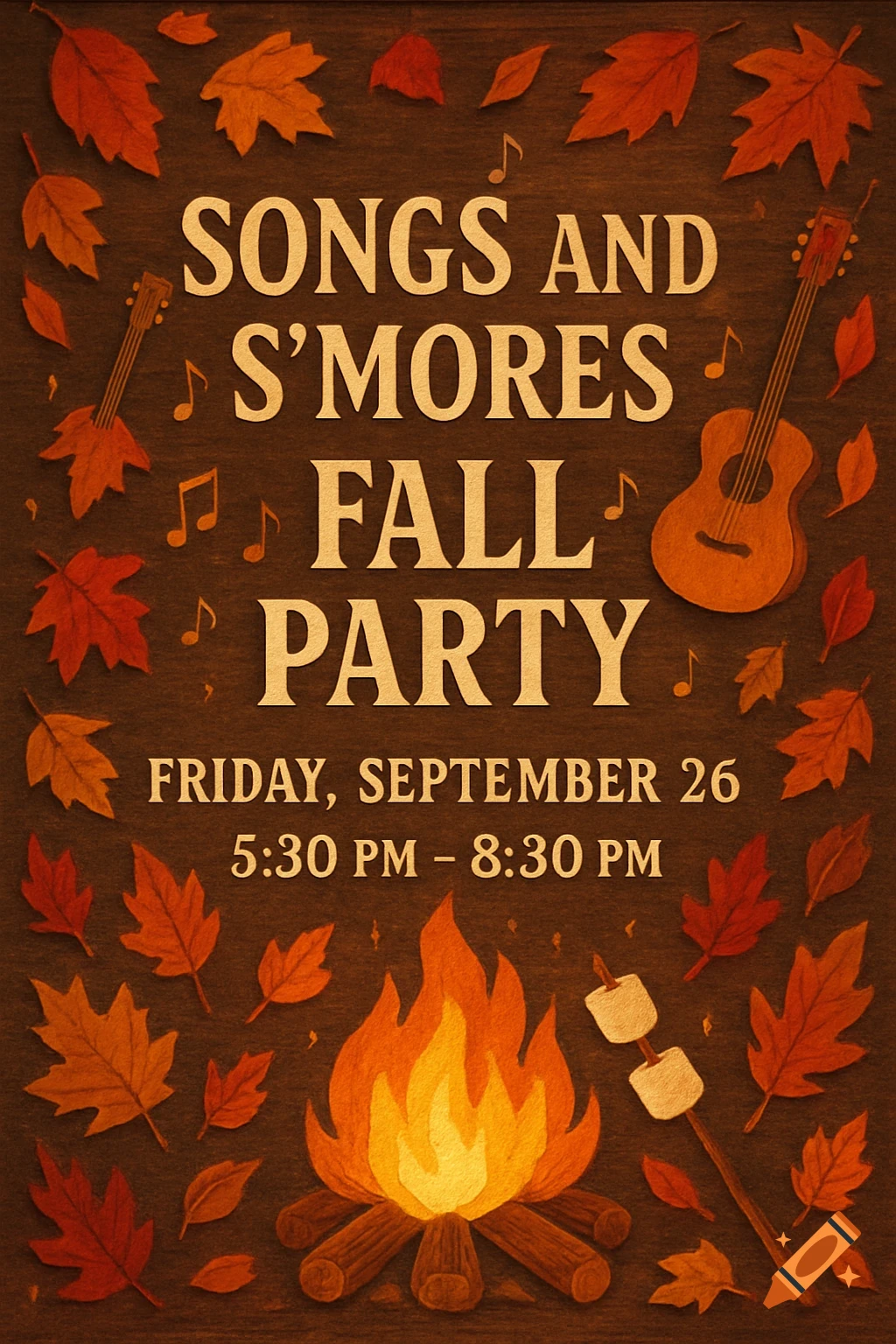 Autumn-themed event flyer for a Songs and S'mores Fall Party with guitars, campfire, and fall leaves.