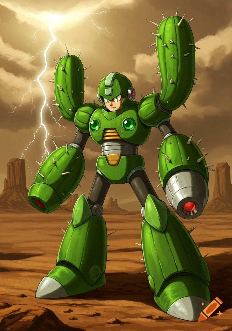 A green robot resembling Mega Man, with cactus-themed armor and spikes, stands in a desert landscape under a stormy sky with lightning.