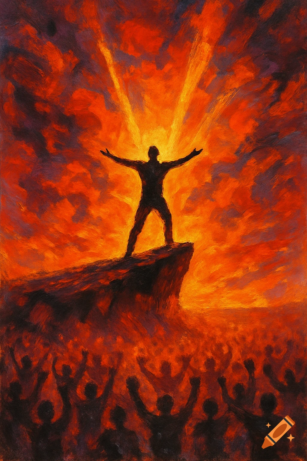 Expressionistic painting of a silhouetted figure on a cliff, arms outstretched, before a fiery sky and crowd.