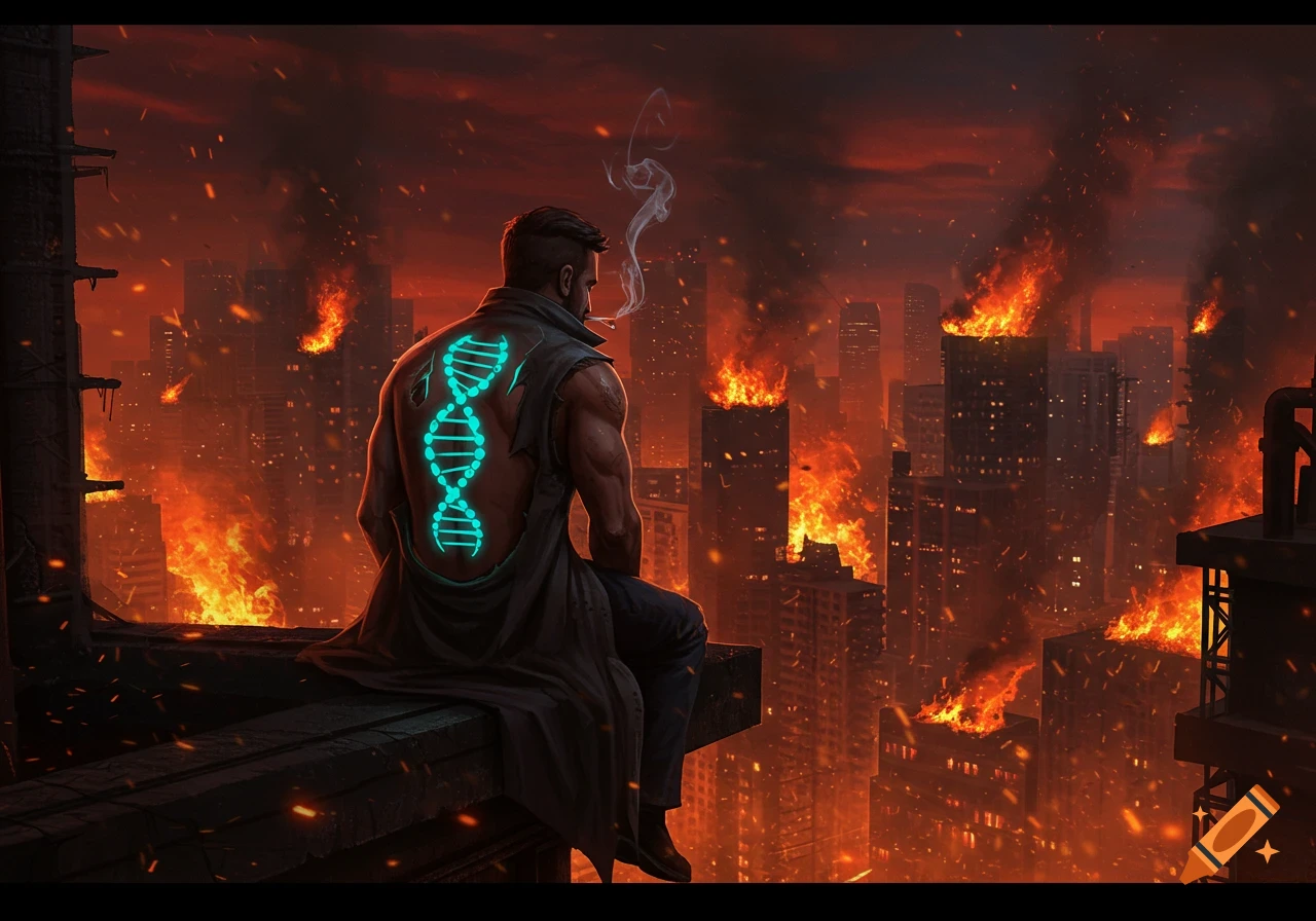 A man with a glowing DNA symbol on his back sits on a building ledge, smoking a cigarette, overlooking a dystopian city engulfed in flames and smoke.