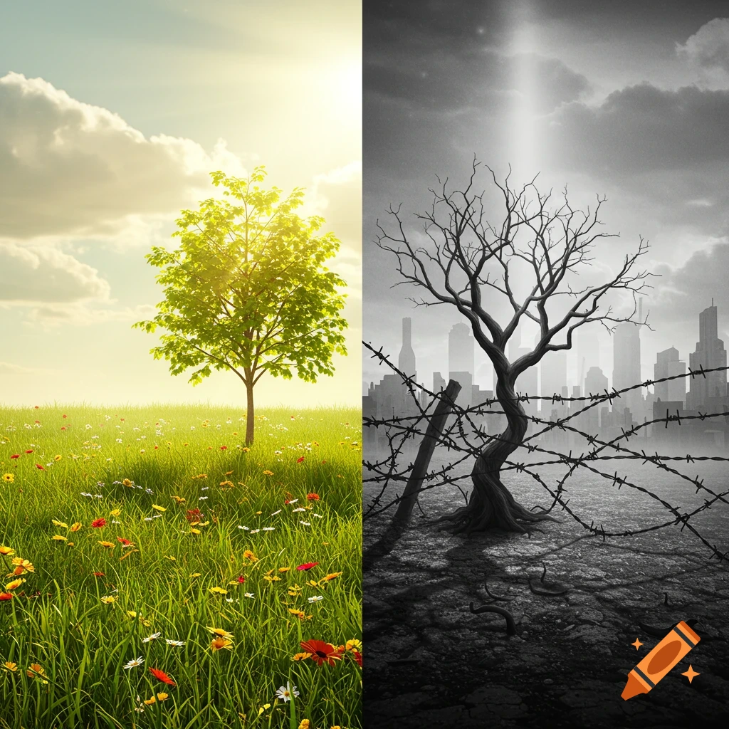 Split image contrasting a vibrant green field with a healthy tree and a desolate, gray landscape with a barren tree and barbed wire.