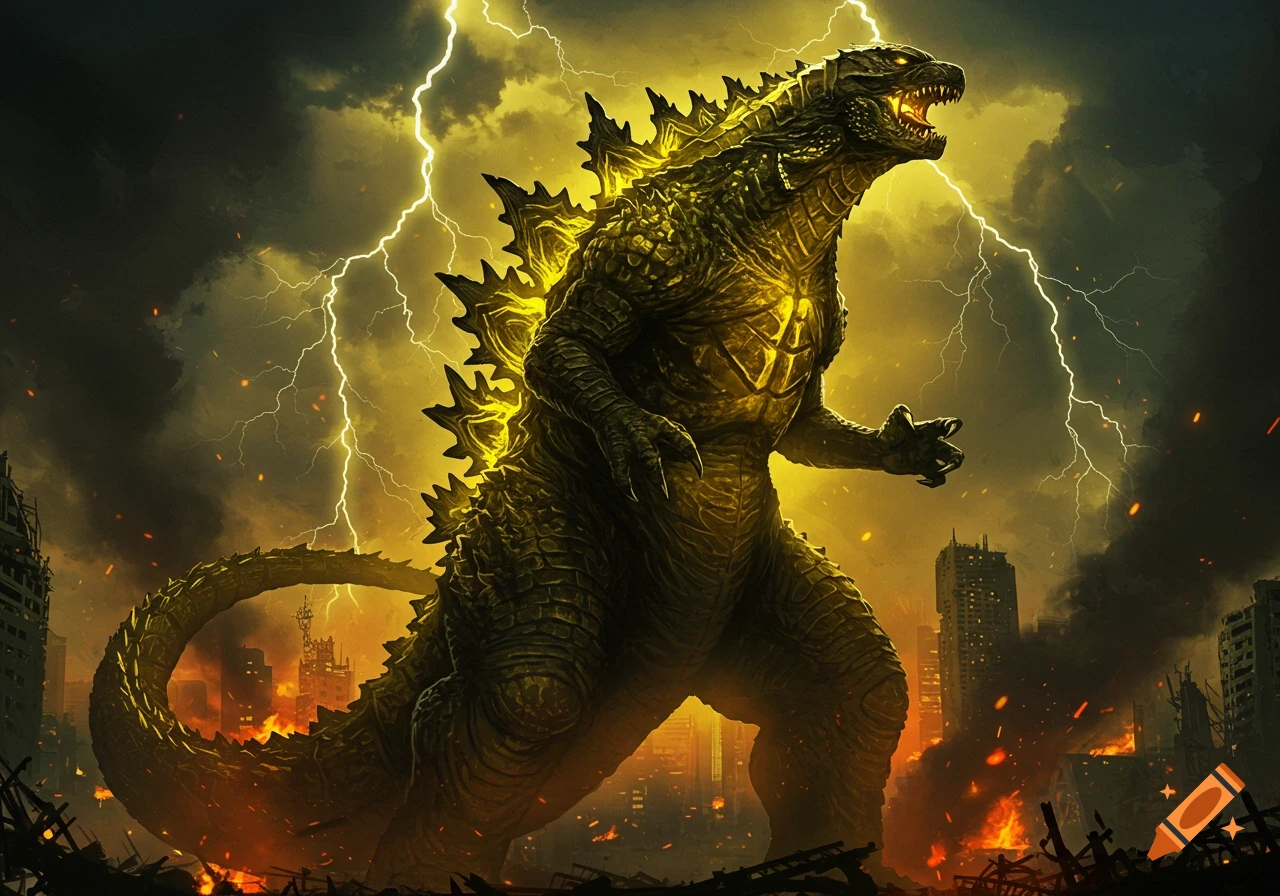 Godzilla roaring amidst a lightning storm over a burning, ruined city, glowing yellow against dark clouds.