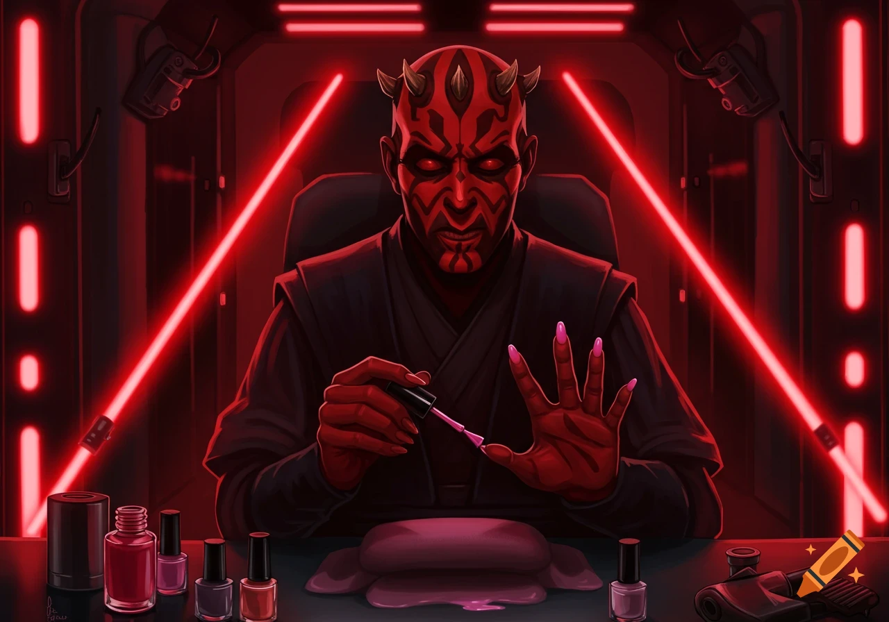 Darth Maul, with red skin and horns, paints his long pink fingernails while surrounded by red lightsabers in a dark room, digital art style.