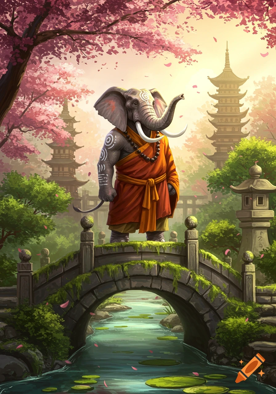 An elephant monk with tusks and markings stands on a mossy bridge in a vibrant Japanese garden with cherry blossoms and pagodas.