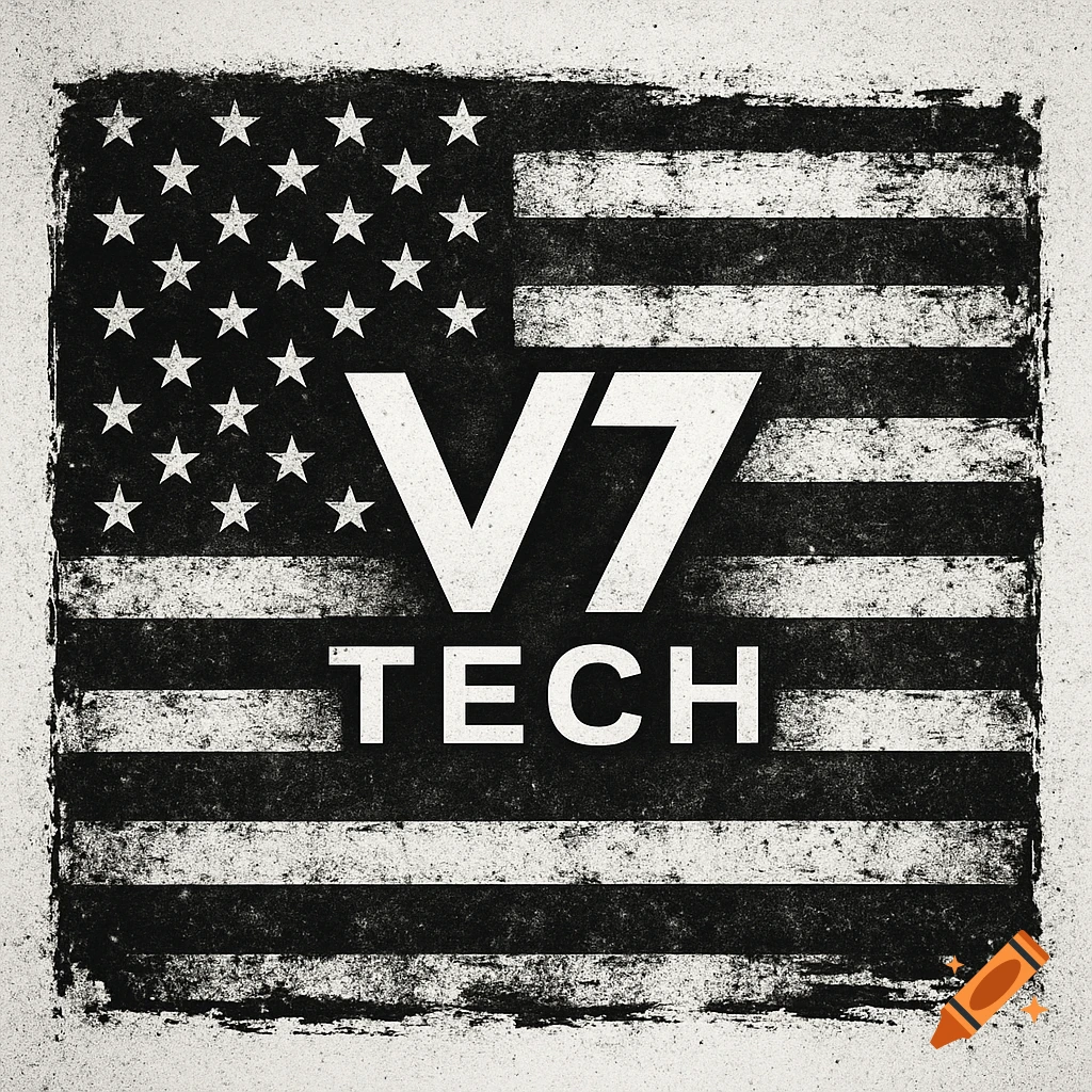 A distressed black and white American flag with the white text 'V7 TECH' serving as a logo.
