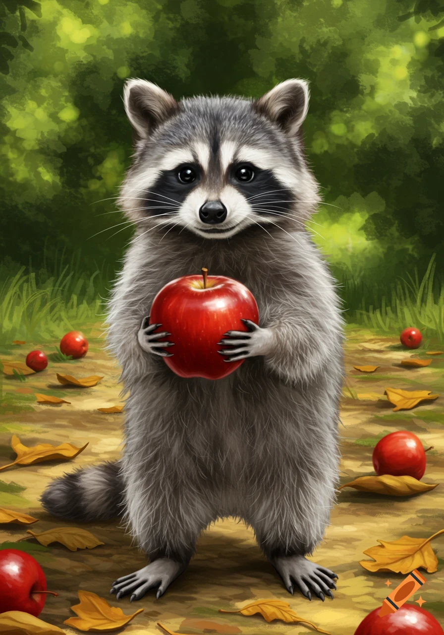 Cute illustrated raccoon standing on a path in a forest, holding a red apple. Apples and leaves are on the ground.