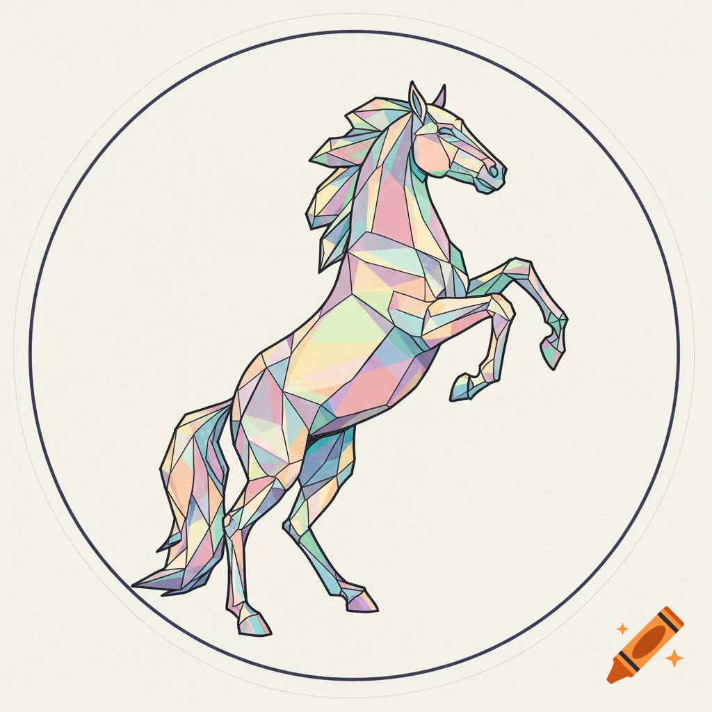 Colorful geometric crystal horse rearing up within a circular outline on a light background.