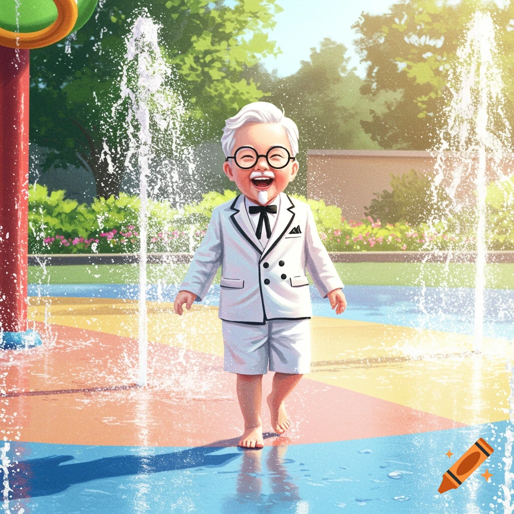 A joyful child dressed as Colonel Sanders plays in a colorful splash pad with water spraying, in a bright cartoon style.