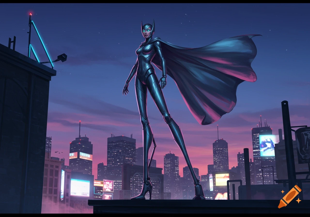 A female superhero in a metallic suit with a cape and long legs stands on a rooftop overlooking a futuristic city at dusk.