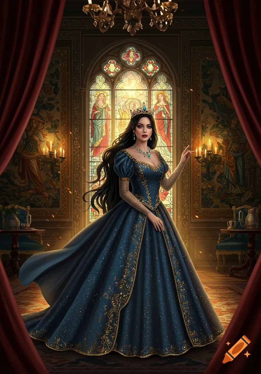 A princess in an elaborate blue and gold gown and crown stands in a grand hall with stained glass windows.