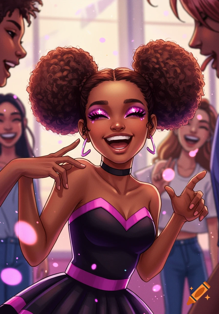 A radiant dark-skinned anime teen with Afro buns, twinkling pink-purple eyeshadow, and a black and pink dress, laughing and posing with friends at a party.