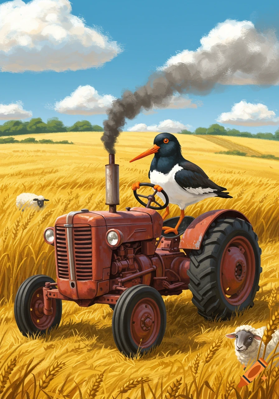 An Oystercatcher bird with an orange beak drives a red tractor through a golden wheat field with sheep under a blue sky. Illustrated style.