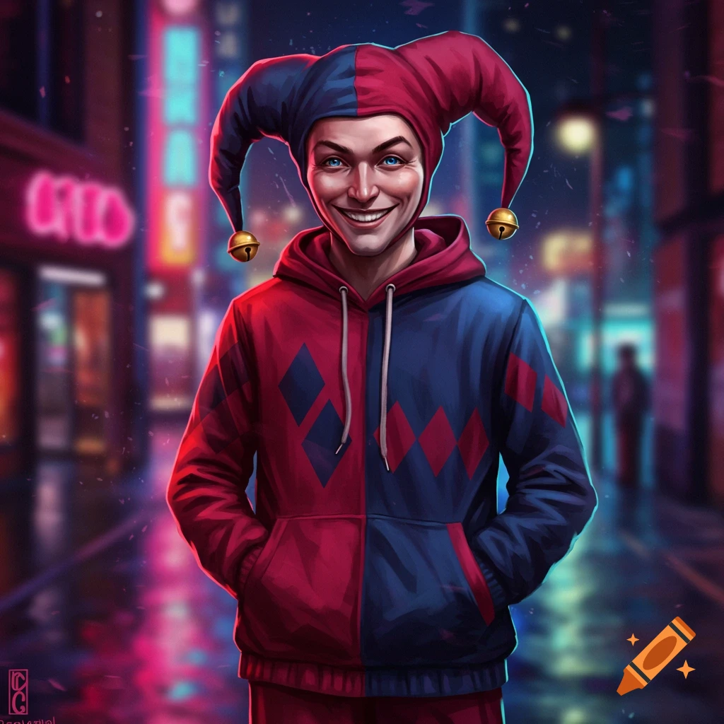 A man in a red and blue jester's hat and hoodie, with a wide smile, stands on a neon-lit urban street at night in a digital art style.