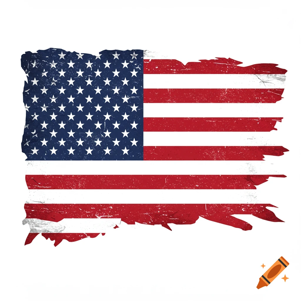 A distressed, grunge-style American flag with torn edges on a white background.