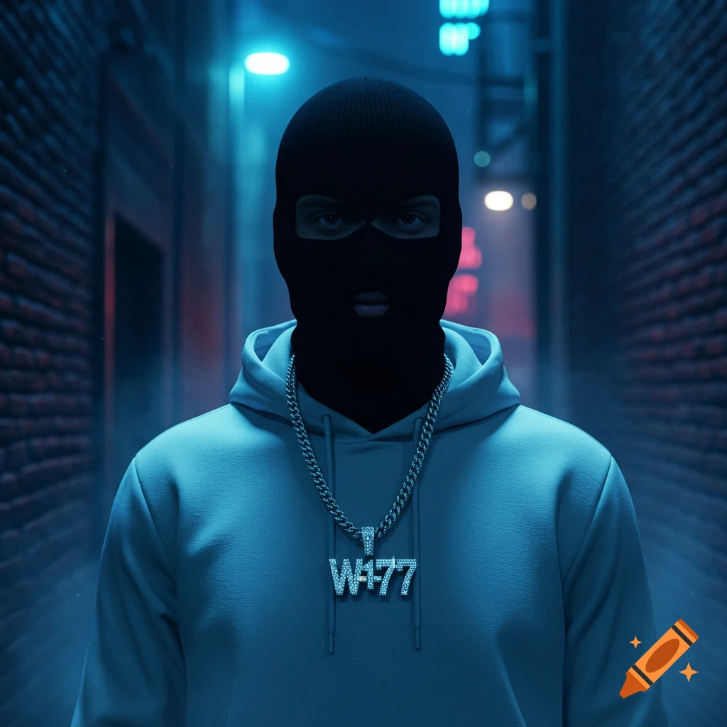 A man in a black balaclava and white hoodie wears a diamond chain with a W477 pendant in a dimly lit alley.