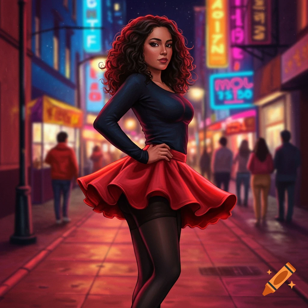 A young woman with curly dark hair poses in a black top, red skirt, and tights on a neon-lit city street at night.