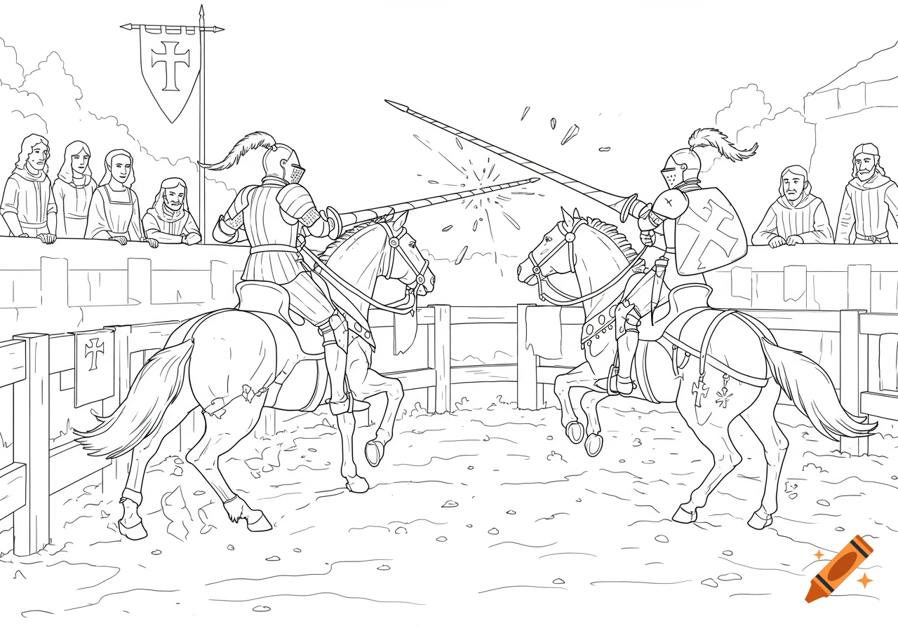 A black and white line art drawing of two knights on horseback jousting in a medieval arena, with spectators watching.