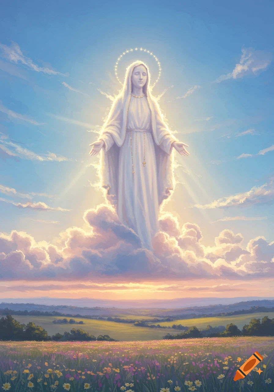 Ethereal Virgin Mary on clouds over a flower meadow at sunset, bathed in divine light.