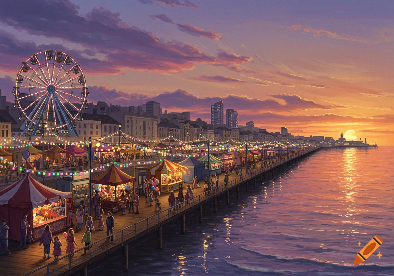 Vibrant illustration of a boardwalk carnival at sunset, featuring a Ferris wheel, stalls, and people, with a city skyline across the water.