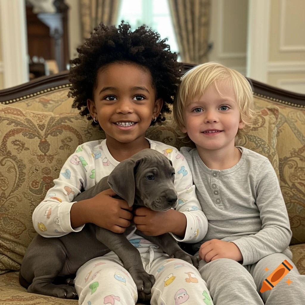 Two smiling children, one with an Afro holding a grey puppy, sit in pajamas on a patterned couch next to a blonde child.