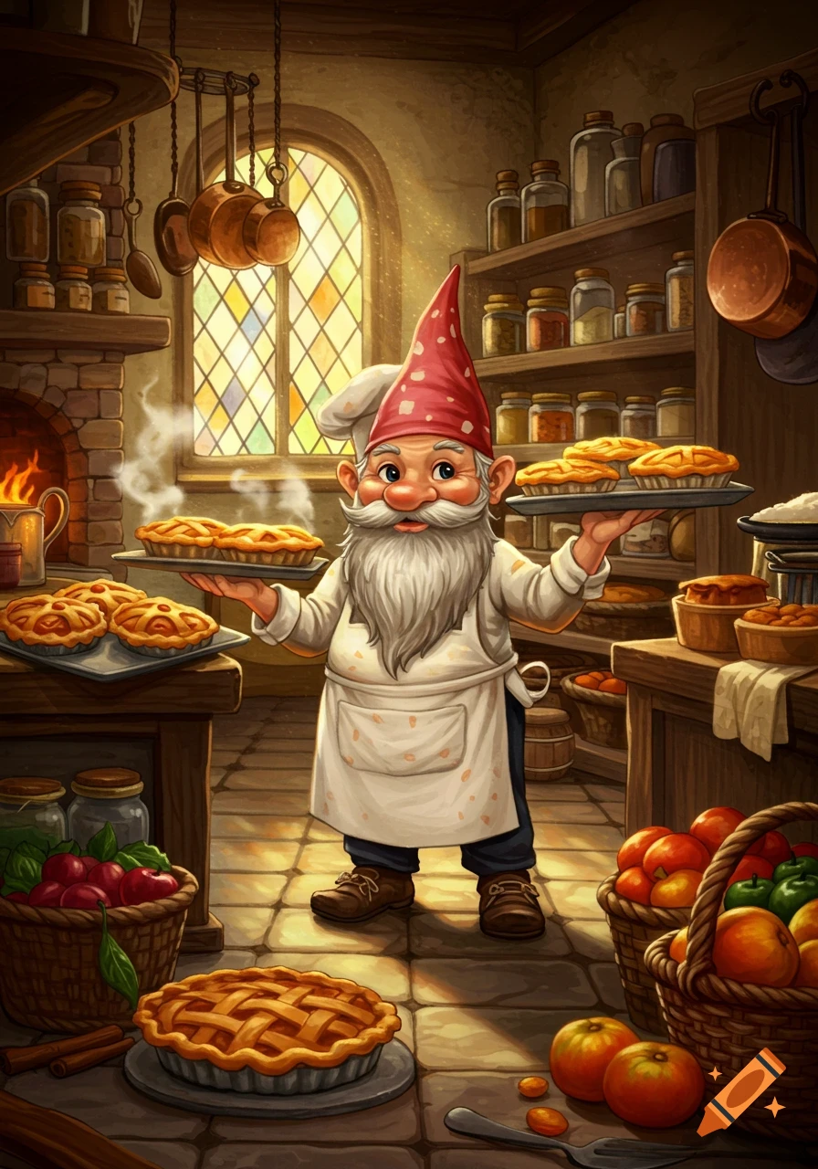 A friendly gnome baker in a rustic kitchen holds two trays of steaming hot pies, surrounded by more pies and fruit.