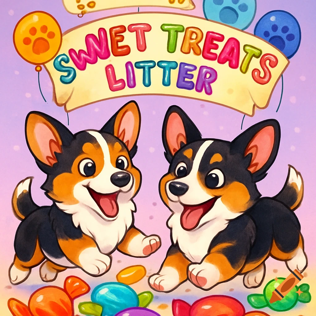 Two cute cartoon corgi puppies play in colorful candy under a banner reading 'SWEET TREATS LITTER' with pawprint balloons on a purple background.