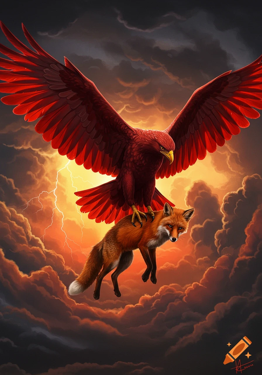 A striking illustration of a large red eagle carrying a fox in its talons, flying through a dark, stormy sky with lightning.