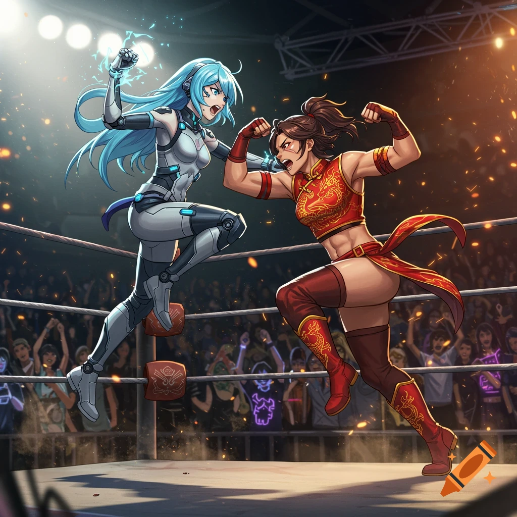 Anime illustration of two women fighting in a wrestling ring; one in a white sci-fi suit, the other in a red traditional outfit.