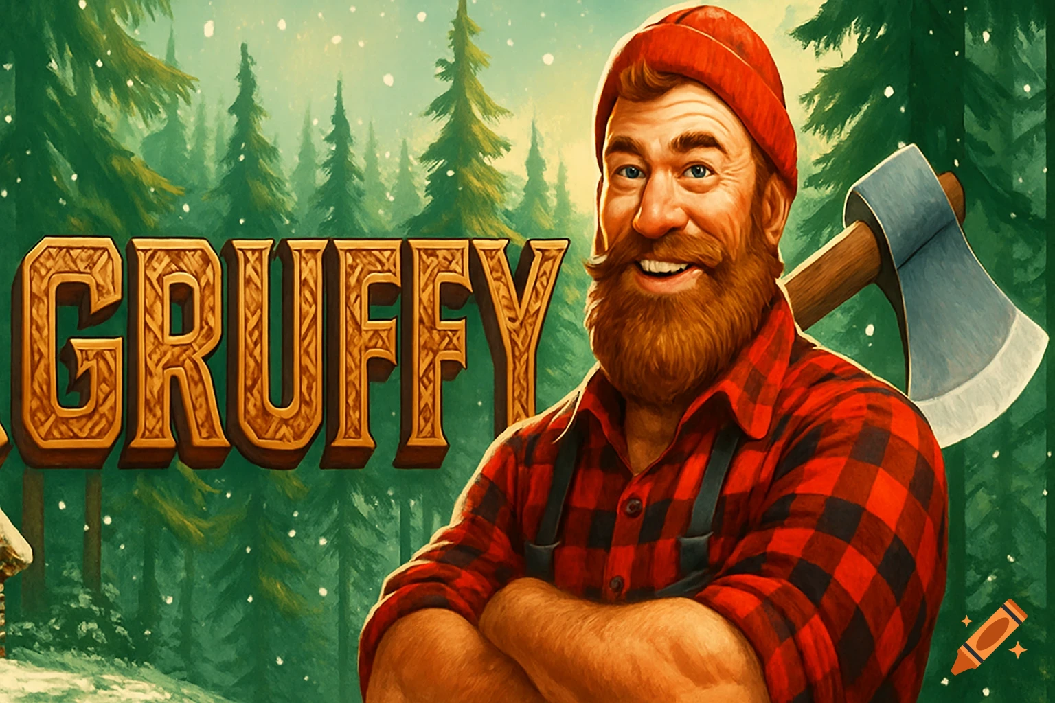 Smiling bearded lumberjack in plaid shirt and beanie, axe on shoulder, in snowy forest with 'GRUFFY' text. Stylized illustration.