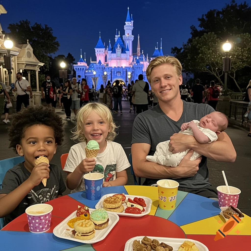 A family, including two young boys eating ice cream and a man holding a baby, sits at a colorful table at night with a lit-up castle in the background.