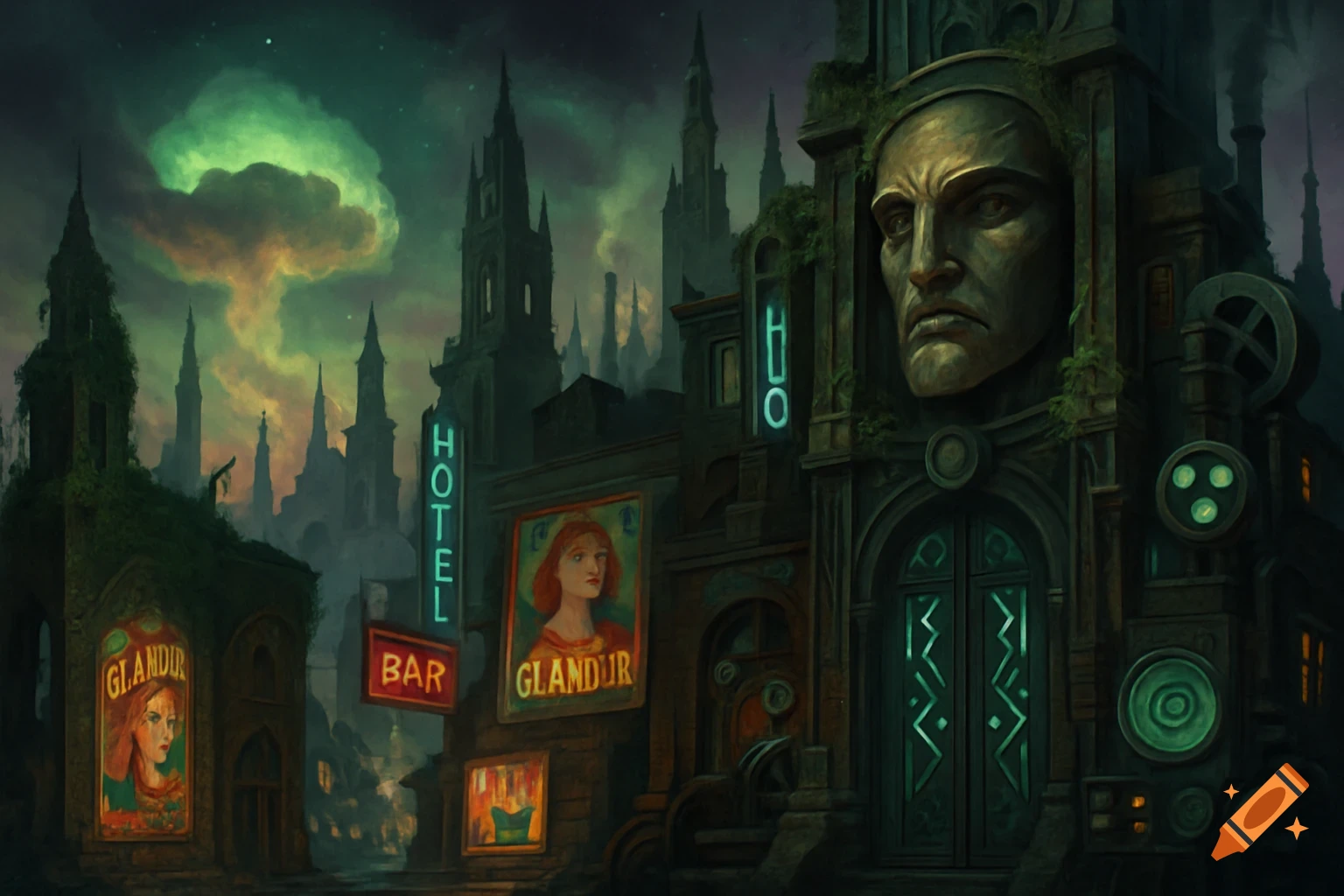 A dark, painterly image of a dystopian cityscape with gothic spires, neon signs, and a large stone face on a building, under a greenish mushroom cloud.
