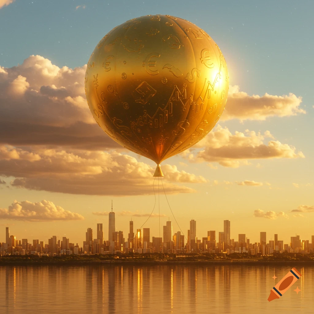 A large golden hot air balloon with embossed currency symbols and financial graphs floats over a city skyline at sunset.