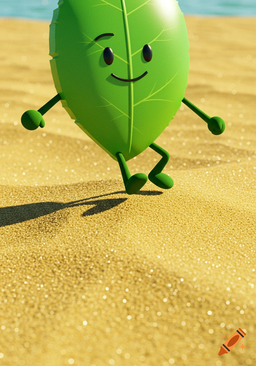 A cute 3D cartoon green leaf character with a happy face, small arms and legs walks on sparkling golden sand at a beach.