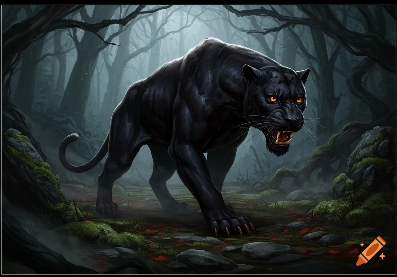 A fierce black panther with glowing orange eyes snarls while stalking through a dark, misty fantasy forest.