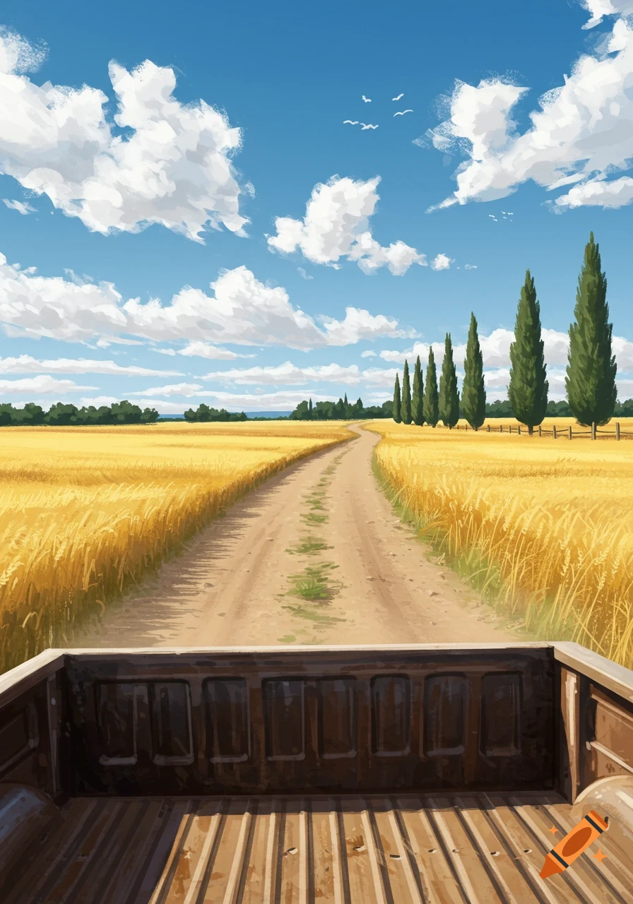 Illustrated view from the back of a pickup truck on a dirt road through golden wheat fields under a blue, cloudy sky with cypress trees.
