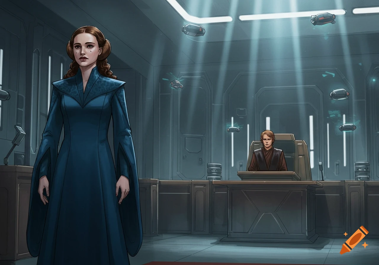 Illustration of Padme Amidala in a blue dress standing in a futuristic courtroom with Anakin Skywalker seated in the background.