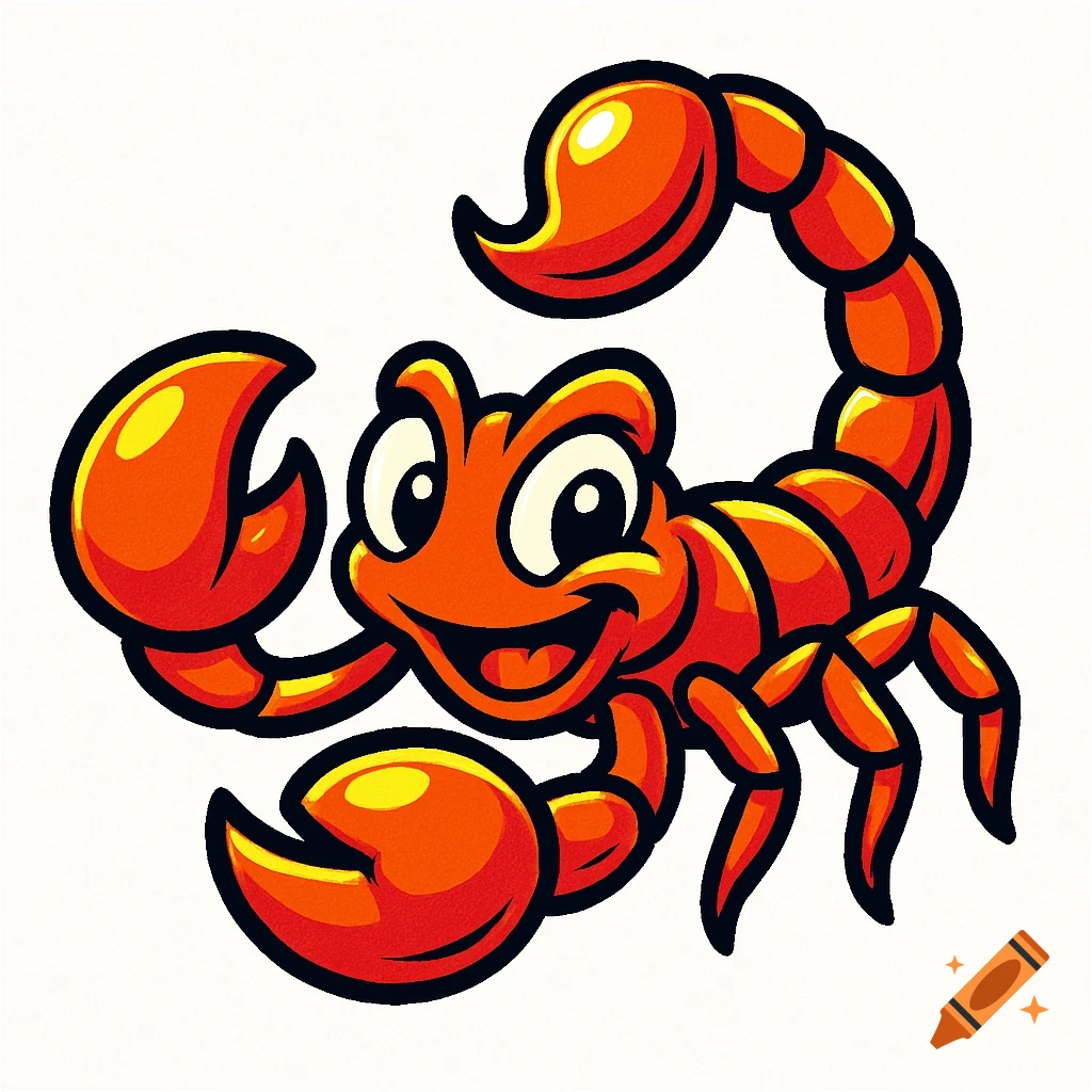 A friendly, smiling cartoon scorpion logo, colored orange and red with black outlines, on a white background.