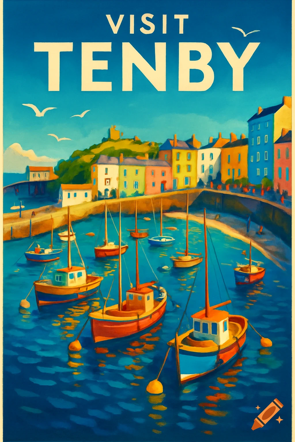 Vibrant travel poster for Tenby harbor, featuring colorful boats, buildings, and 'VISIT TENBY' text.