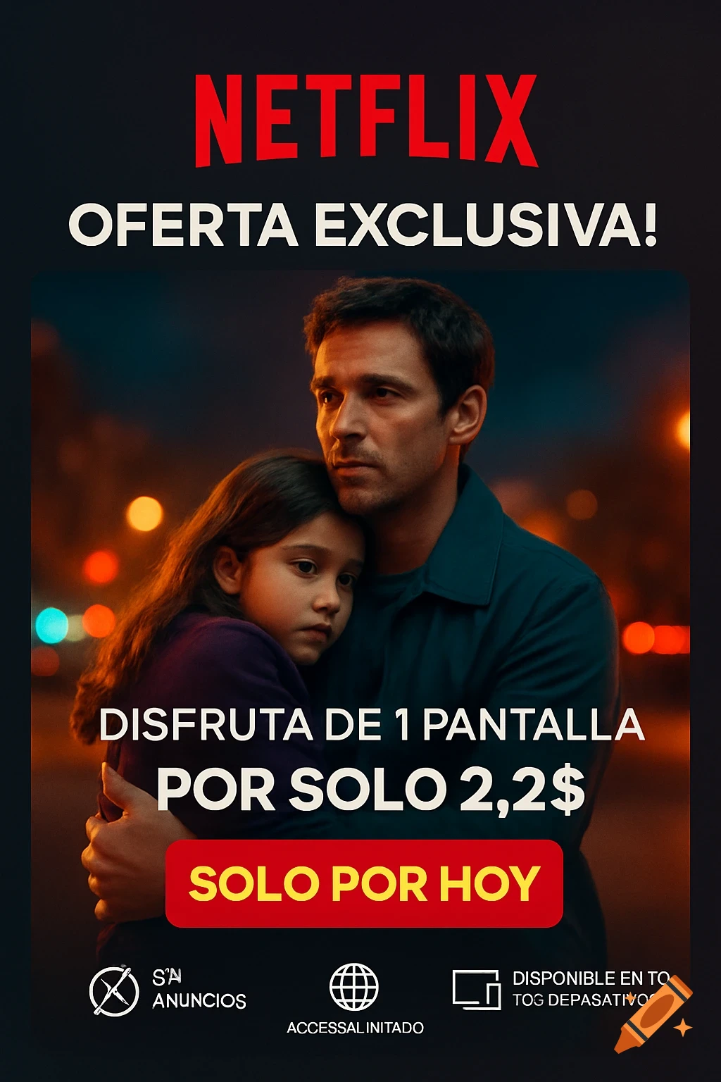 A Netflix promotional flyer shows a man embracing a young girl with city lights in the background. Text advertises a special offer for one screen.