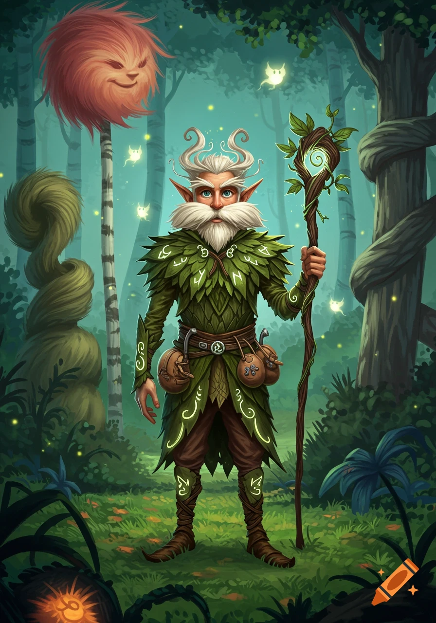 A grey-bearded elf wizard in a leafy tunic holding a staff, standing in a magical forest with a floating fluffy red creature.