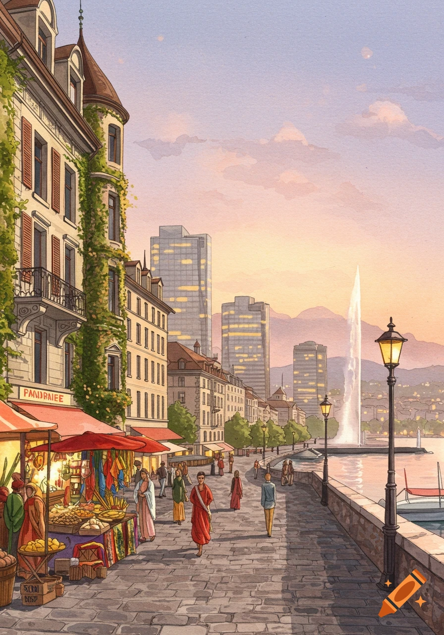 Watercolor illustration of a bustling European city street with a market, historic buildings, a waterfront, and a tall fountain.