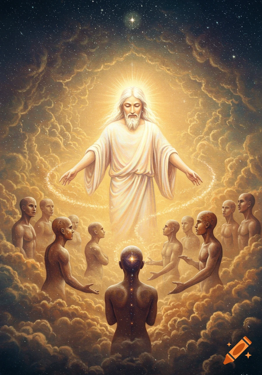 A luminous, divine figure with long hair and a beard, resembling Jesus, stands among golden clouds with sparkling light, looking down at numerous nude human figures who gaze up at him.