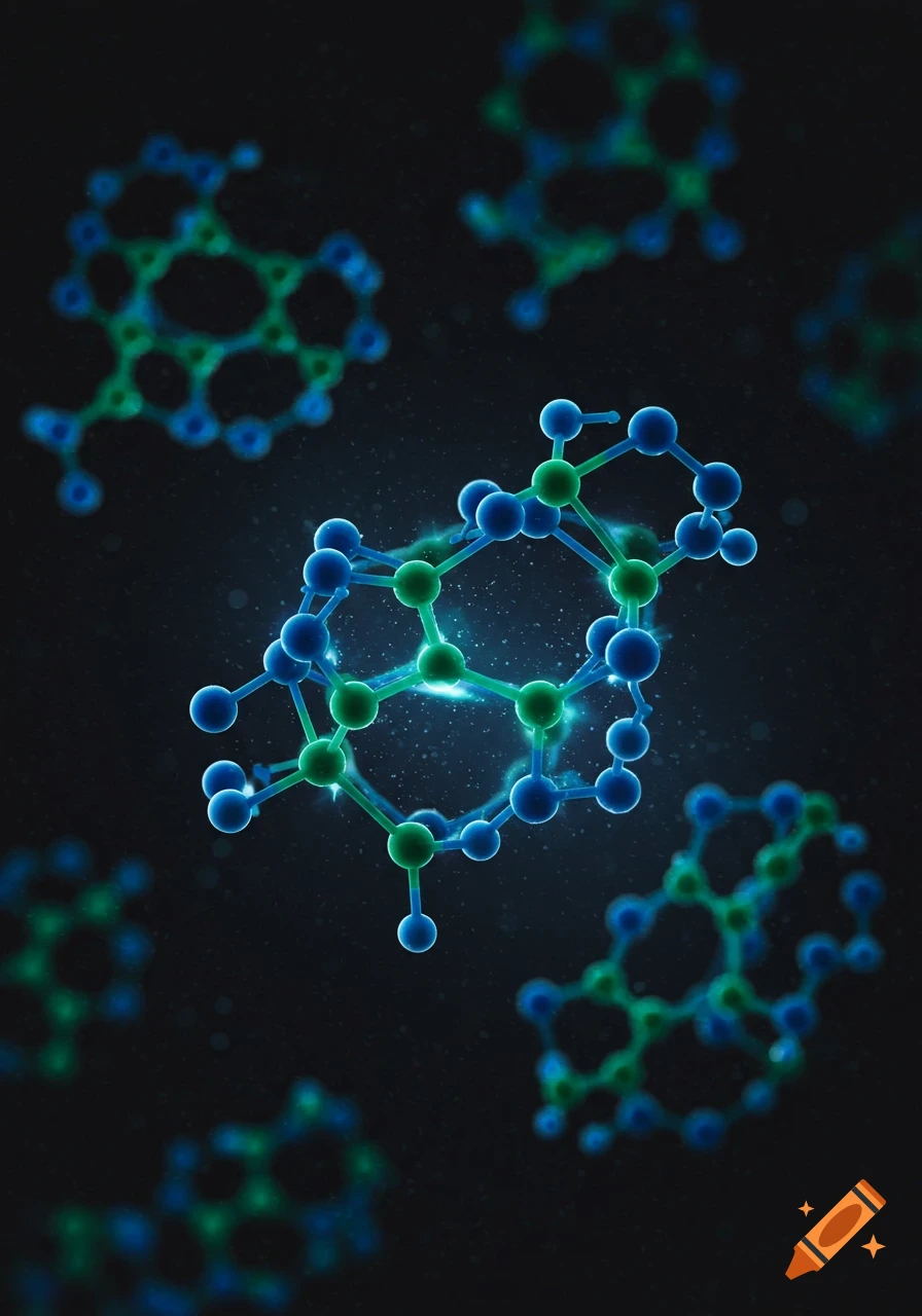 A glowing molecular structure with blue and green atoms against a dark background, surrounded by blurry molecular forms.