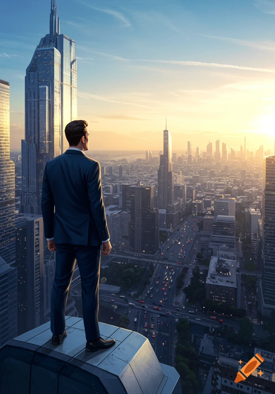 Photorealistic image of a man in a suit standing on a rooftop, looking out over a sprawling city at sunset.