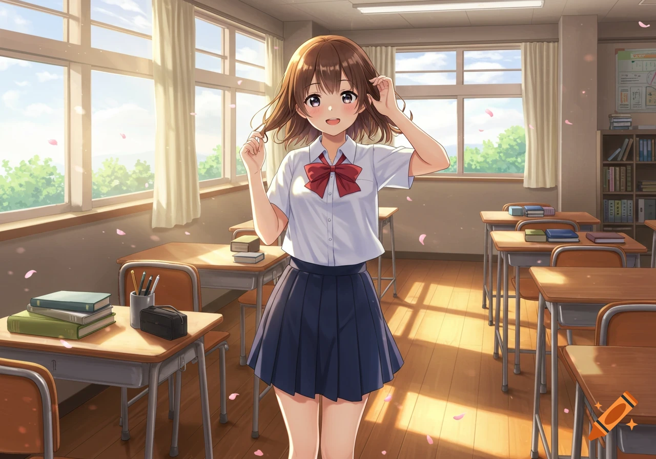 An anime girl with brown hair and bangs in a school uniform smiles in a sunlit classroom with cherry blossoms.