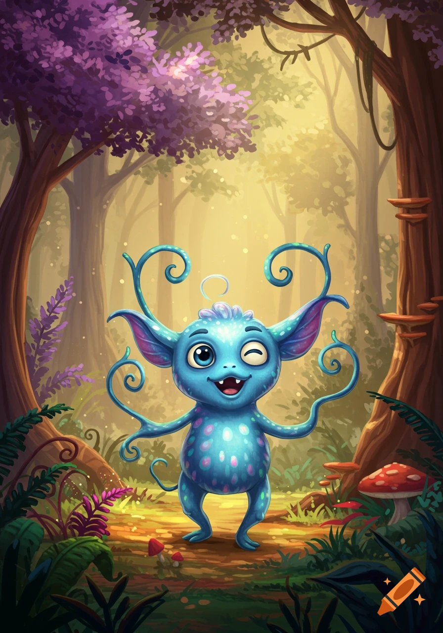A cute blue cartoon creature with pink spots, large ears, and curly antennae winks in a glowing magical forest with purple trees.