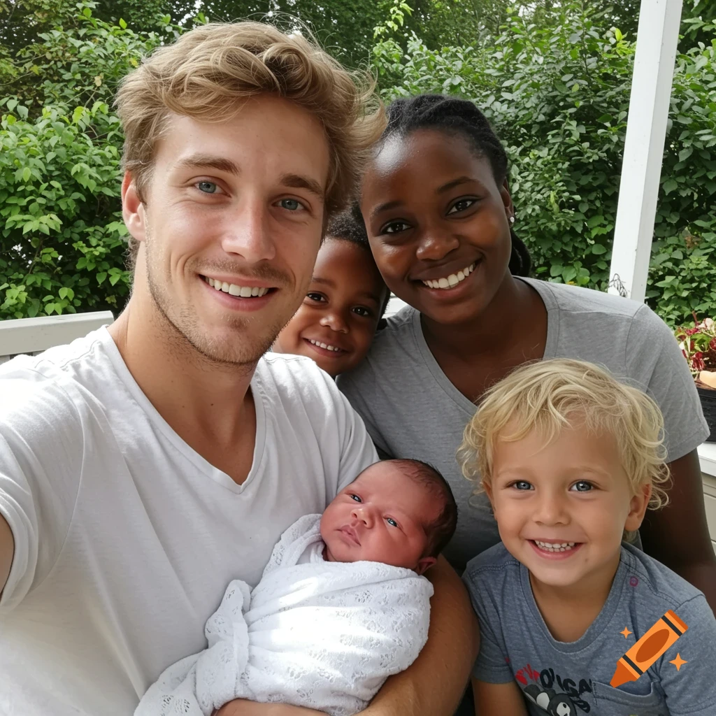 A diverse family, including a white man holding a newborn, a Black woman, and two children, smiling in a selfie outdoors.